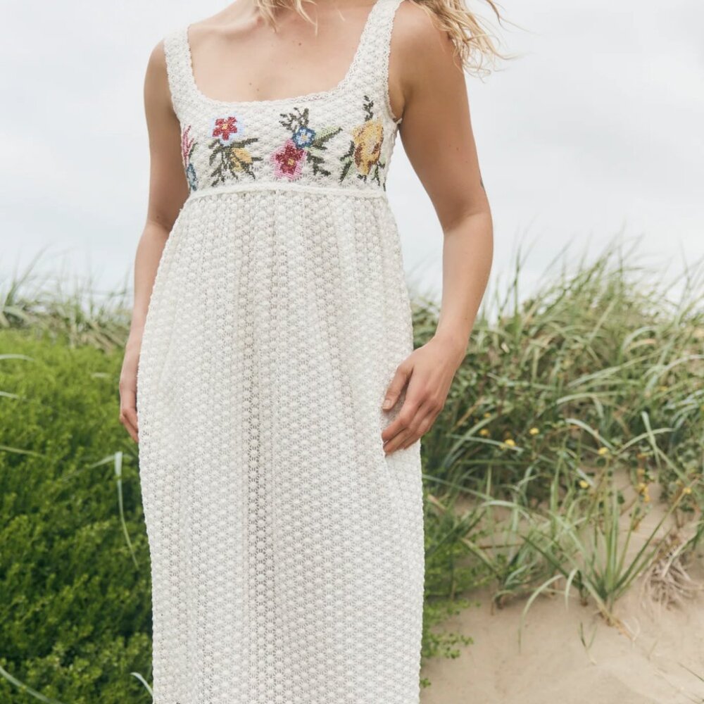 Eddy Emily Midi Dress, S / Cream Crochet/Multicolor Floral Embroidery,  NWT